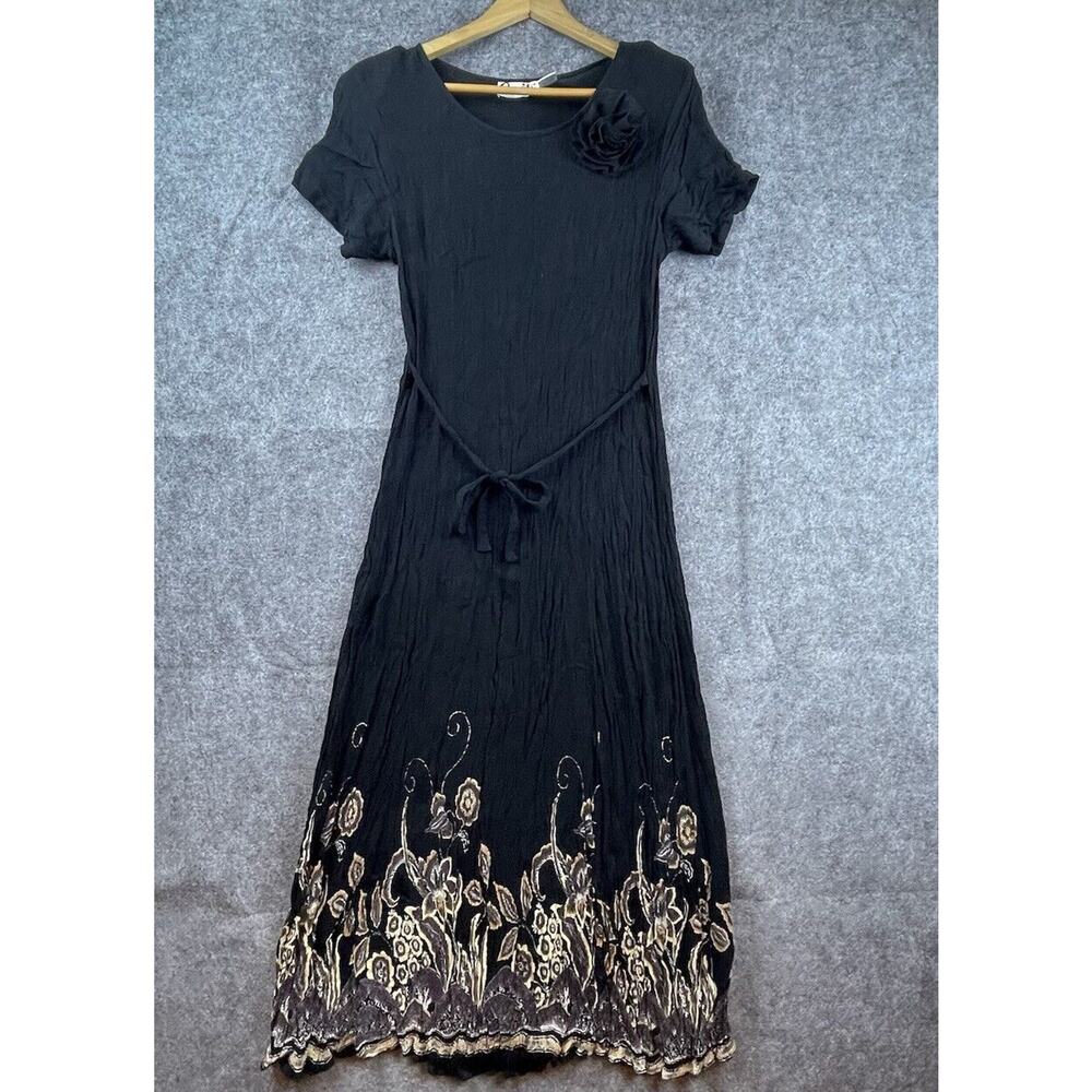 Vintage Caite Dress Large Black Gold Scrunch Boho 80s Flower Broach Boho Flowy‎